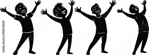 Four african tribal silhouette figures with raised arms isolated on transparent background