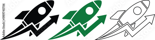 Three rocket ship icons black green and outline versions