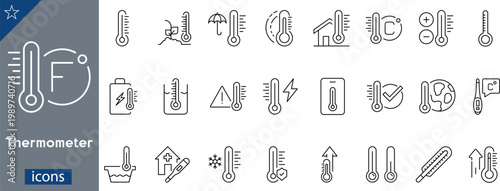 24 Thermometer Icons Minimalist Gray Line Art for Temperature Measurement, Climate Monitoring, and Thermal Health