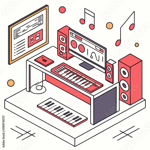 Isometric music production studio setup with computer speakers midi keyboard digital audio workstation for sound engineering home studio electronic music line art white background computer