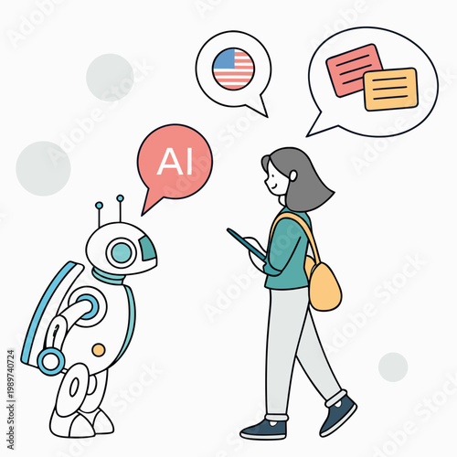 Human interaction with an AI robot for language translation communication learning assistance, represents the use of artificial intelligence in language learning and support, machine learning