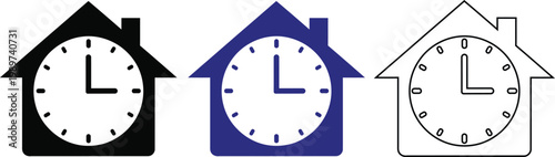 Three house shaped clocks displaying different times