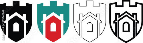 Four heraldic shields with castle motifs in different colors