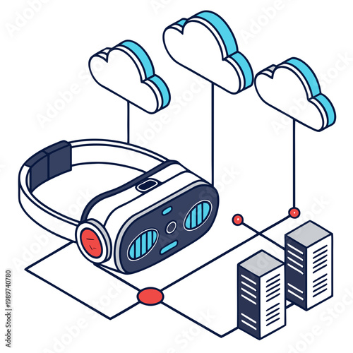 Isometric virtual reality headset and cloud computing network concept showing vr goggles connected to data center servers and internet storage infrastructure in a digital environment with computing