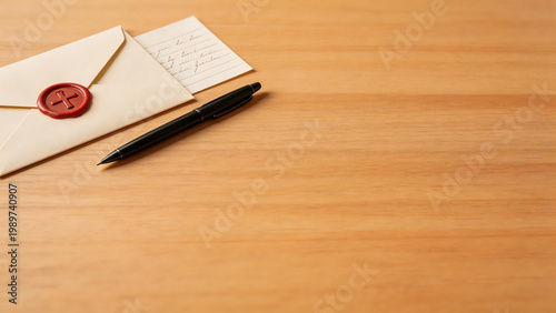 Vintage Wax Sealed Envelope with Cross Motif and Black Pen on Wooden Desk