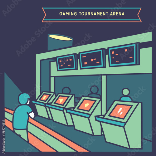 Gaming tournament arena interior illustration showing players at console terminals with large digital display screens tournament competition terminal computer videogame entertainment technology