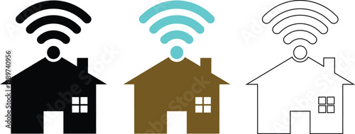 Three house icons with wi fi signals in varying colors and styles
