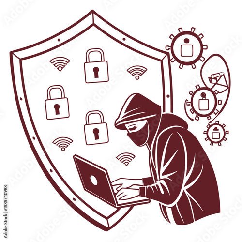 Cybersecurity threat and data protection illustration with hacker character shield and network security symbols security protection internet computer technology vulnerability software identity
