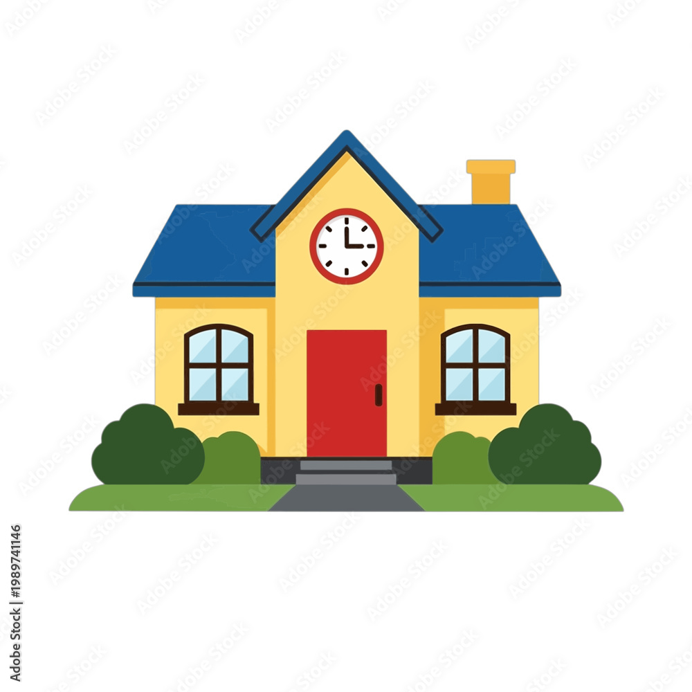 Fototapeta premium Schoolhouse with Clock Face Flat Icon