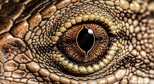 Extreme close-up captures the intricate details of a reptile's eye.