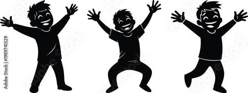 Joyful silhouette figures three people jumping with arms raised isolated on transparent background