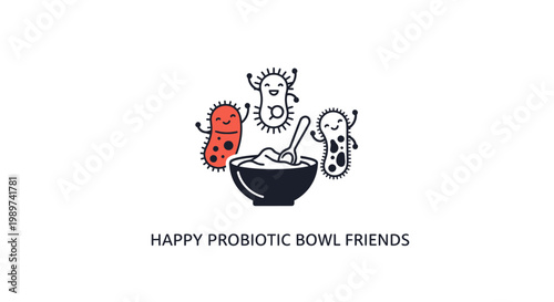Probiotic friendly cartoon bacteria friends.