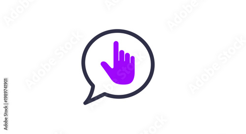 Purple hand gesture in speech bubble.