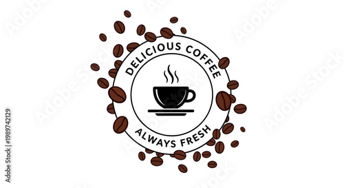 Delicious coffee logo with coffee beans and steaming cup on white background