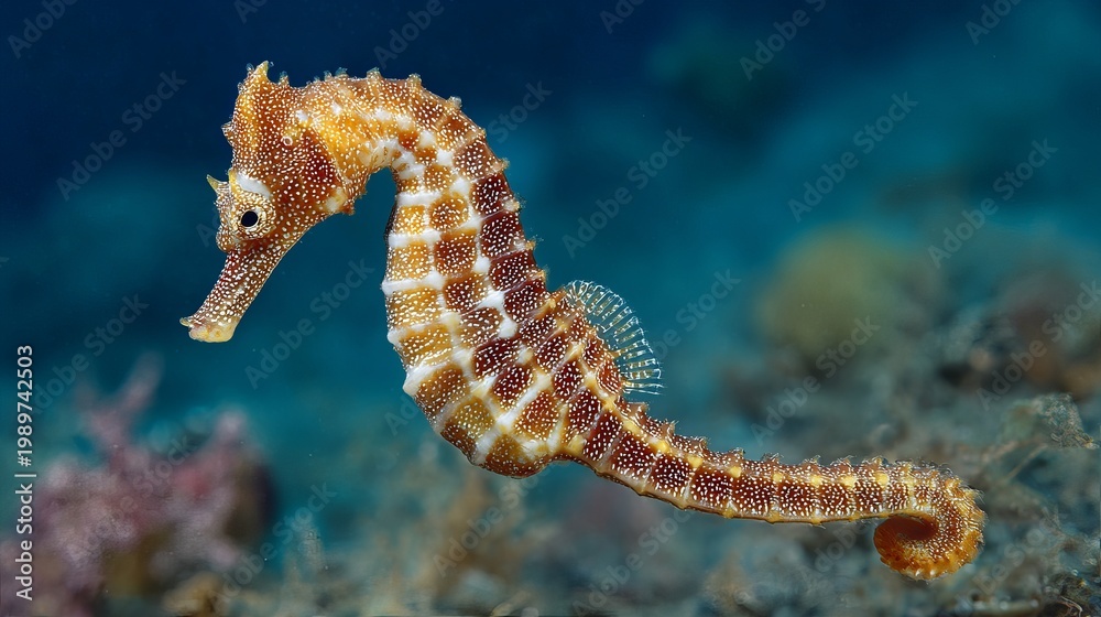 Fototapeta premium Ocean's tiny seahorse, Hippocampus guttulatus, floats in Mediterranean waters.