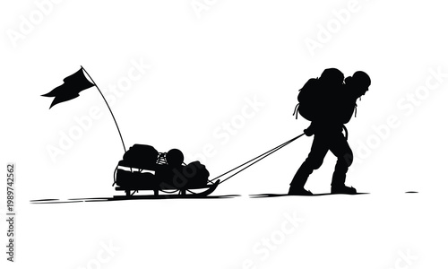 Arctic explorer pulling heavy loaded sled across snowy winter plains.