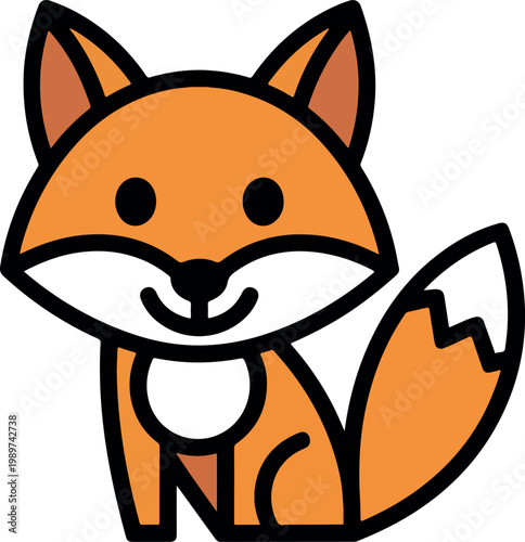 Cute cartoon fox sitting with a happy expression and fluffy tail in a simple flat style