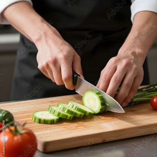 Professional Chef Slicing Fresh Cucumber on Wooden Board