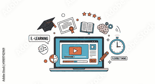 E-learning and Online Education Concept Illustration with Laptop, Graduation Cap, Diploma, and Study Icons