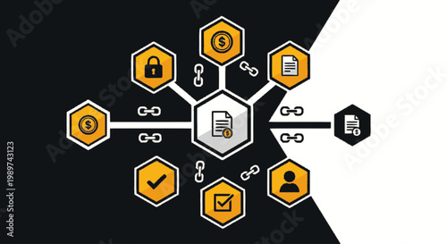 Blockchain Technology and Smart Contract Conceptual Illustration with Icons for Secure Financial Transactions and Digital Data Ledger