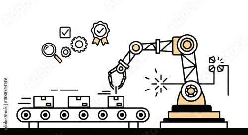 Industrial Automation Concept with Robotic Arm Working on an Assembly Line and Quality Assurance Symbols for Manufacturing Industry 4.0