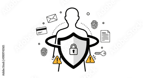 Cybersecurity Illustration of a Human Silhouette Behind a Protective Shield Guarding Personal Data and Digital Identity
