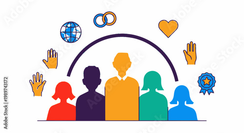 Community and Diversity Concept Illustration with Colorful People Silhouettes and Social Icons