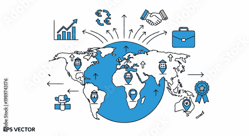 Global business and international trade concept illustration with world map and economic growth icons