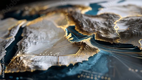 Isometric digital map of the Persian Gulf region with the Strait of Hormuz highlighted by gold accents, islands like Qeshm and Larak shown in raised relief, and flowing ribbons mar