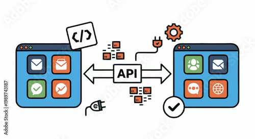 API Integration Concept Illustration Showing Connectivity Between Software Applications and Web Services for Seamless Data Exchange