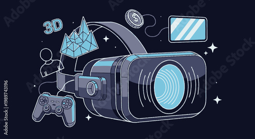 Metaverse and Virtual Reality Concept Illustration with VR Headset, Gamepad, and Digital Icons