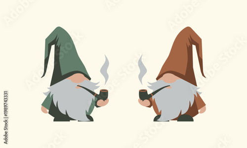 Garden gnome characters smoking pipes vector illustration collection.
