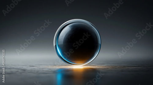 Glowing glass sphere on a reflective surface with blue and orange light, creating a dramatic futuristic abstract scene.