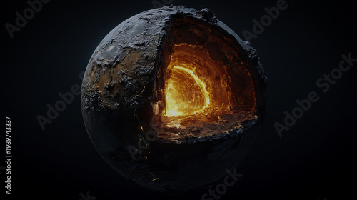 Cracked planet sphere with a glowing molten core against a dark background, creating a dramatic science and space concept.