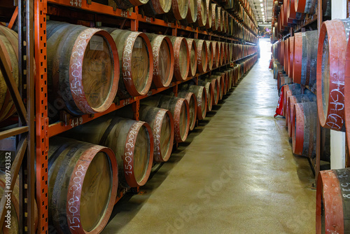 Long rows of traditional oak barrels, stacked high in the aging cellars of the historic Rum Distillery, mature under controlled conditions in the town of Arucas
