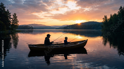 Silhouette of father and son fishing in a boat on the lake at sunset