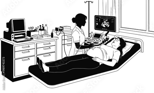 Pregnant woman receiving ultrasound scan from nurse in clinic room.