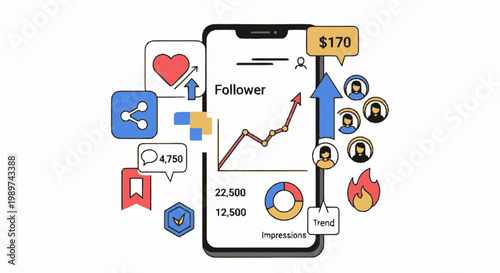 Social Media Marketing Dashboard and Analytics Illustration on Smartphone Screen Showing Follower Growth, Engagement Metrics, and Revenue Statistics