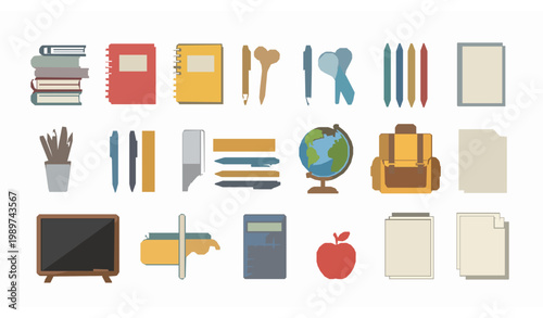 School supplies vector set with flat education objects collection in colorful minimal style