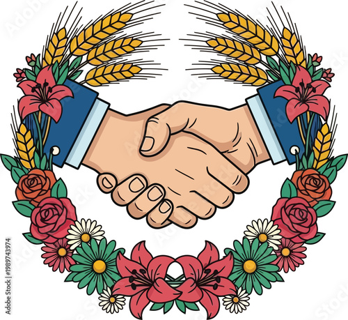 Handshake symbol of peace and agreement with floral wreath
