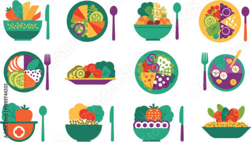 Healthy food bowls collection with fruits vegetables grains and salads colorful nutrition meals flat vector illustration set