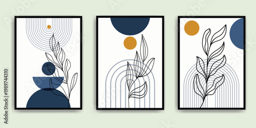 Abstract botanical wall art set with black leaf line art and terracotta beige geometric shapes vector