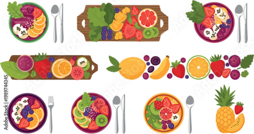 Healthy breakfast and fruit meal set with smoothie bowls citrus berries and fresh food plates flat vector illustration collection
