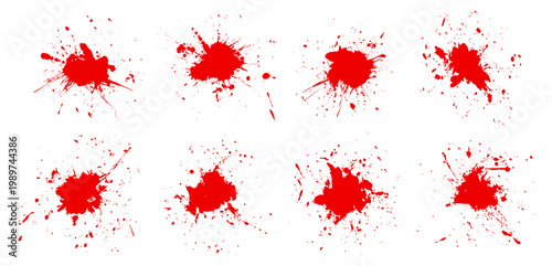 Set of blood splashes, drops and stains. Vector illustration showing red ink blobs and drips isolated.