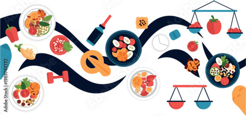Healthy lifestyle concept with balanced diet fitness workout food scales and nutrition elements modern flat vector illustration