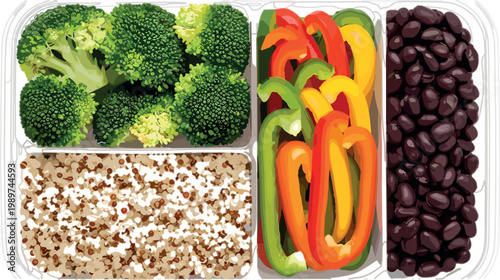 Healthy meal prep container with broccoli bell peppers quinoa and black beans balanced diet food flat vector illustration