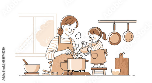 Mother and little daughter cooking a meal together in the kitchen