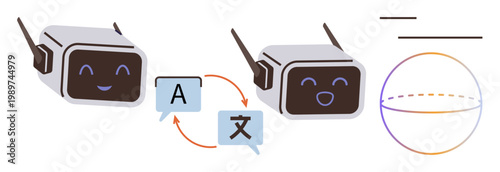 Language services, AI technologies, global communication, education, multilingual tools, automated chat solutions. Two chatbots linking through icons and text exchanges. Language services and AI