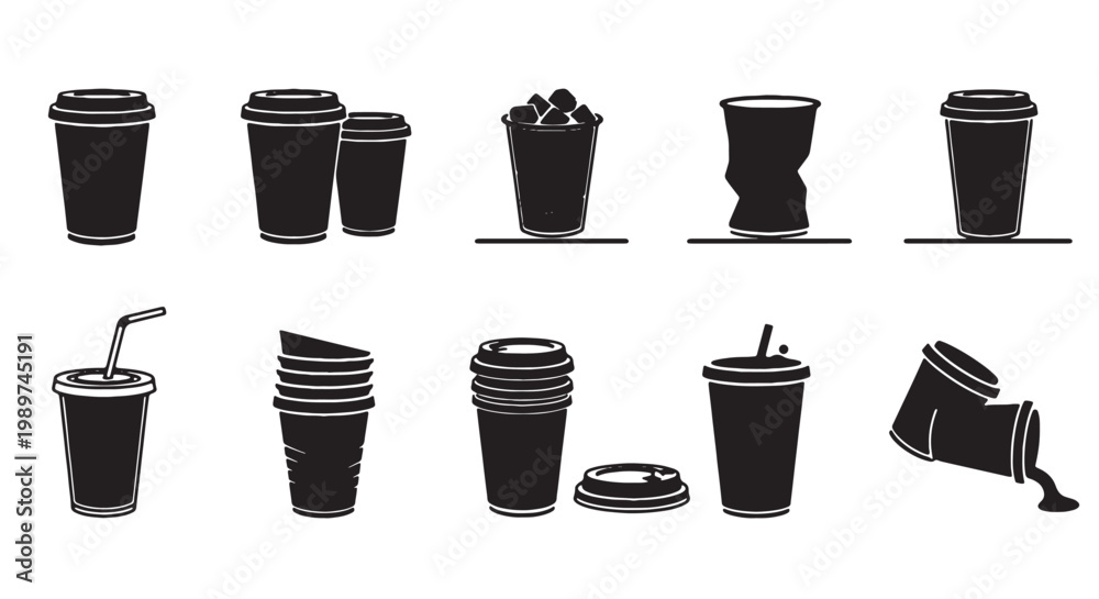 Fototapeta premium Disposable coffee cup icons set, black silhouette paper cups for cafe branding, takeaway drink container vector collection, 10 beverage packaging elements