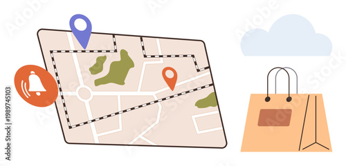 Navigation, e-commerce delivery, online shopping, location services, logistics, digital maps. A map with geotags, a bell icon and a shopping bag. Navigation and e-commerce delivery